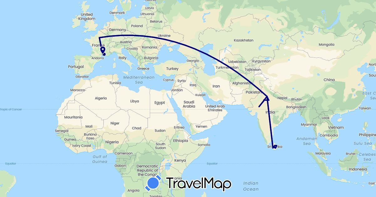 TravelMap itinerary: driving in France, India, Sri Lanka (Asia, Europe)